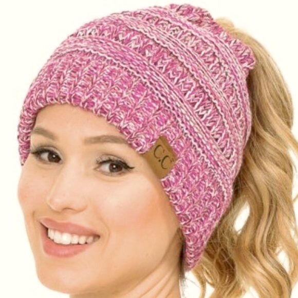C.C Accessories - C.C Soft Stretch Cable Knit Messie Bun Beanie Tail Hat in Pink NWT